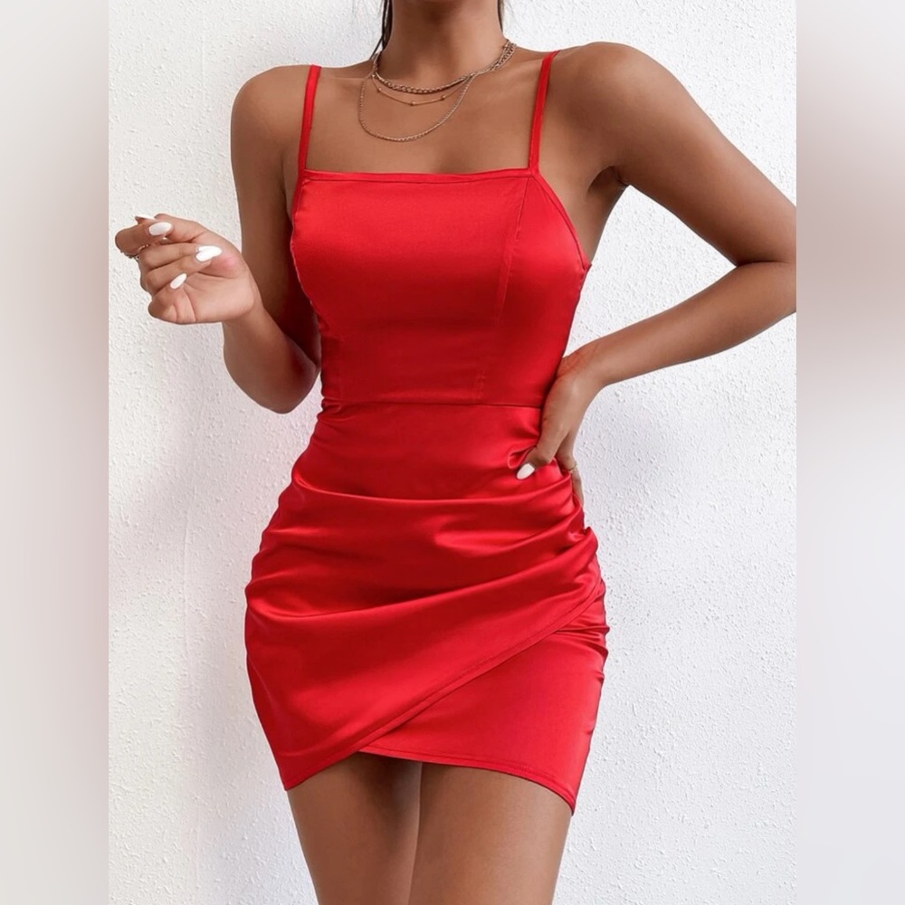 Ruched Side Tulip Hem Satin Cami Bodycon Dress